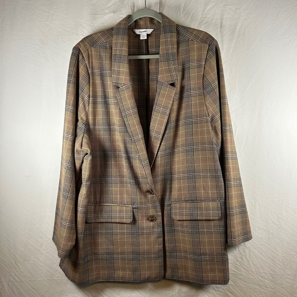 Old Navy Womens XXL‎ Plaid Boyfriend Blazer Shoulder Pads Brown Tan NWT